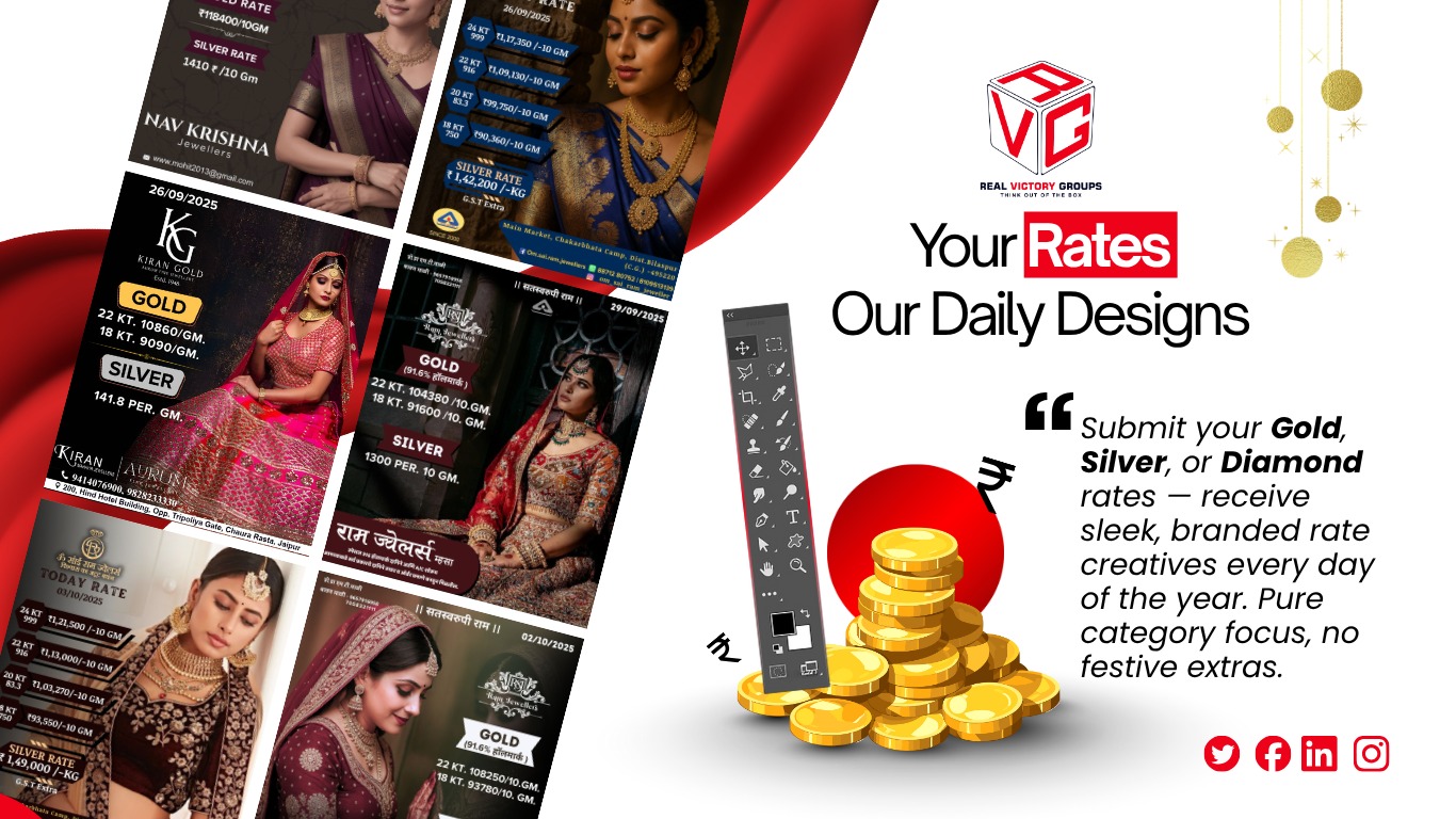 Daily metal rate creative package for jewellers with gold, silver and diamond rate posts by Real Victory Groups